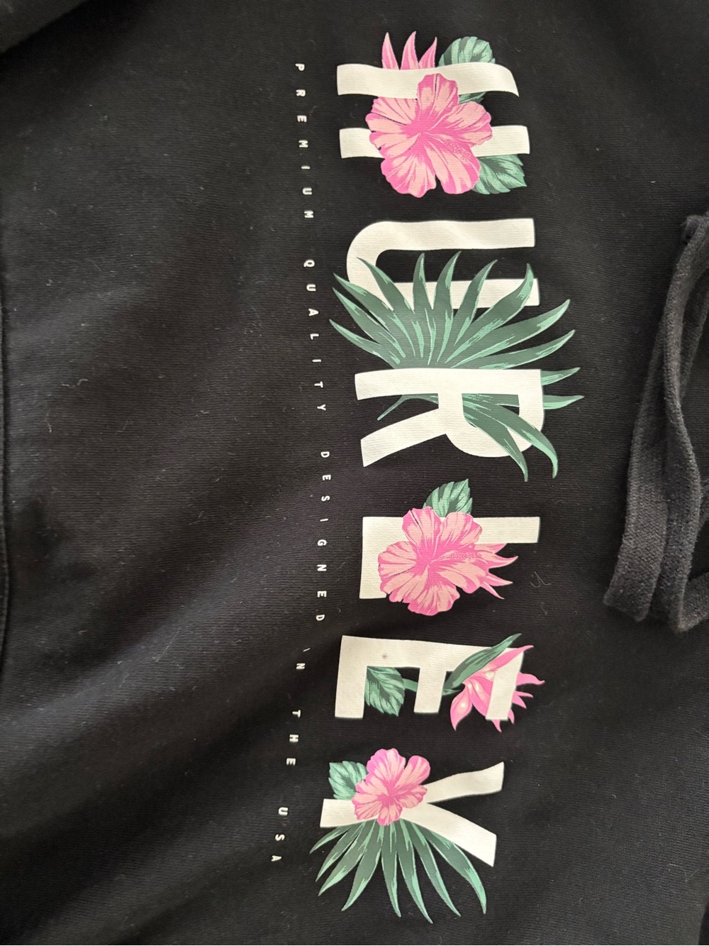 Hurley Black Hoodie with Pink & Green Floral Logo - Picture 3 of 5
